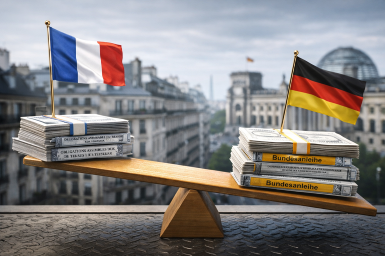 Deux obligations souveraines miniatures représentant la France et l’Allemagne séparées par un léger écart, illustrant le spread OAT–Bund comme indicateur de prime de risque sur la dette française.