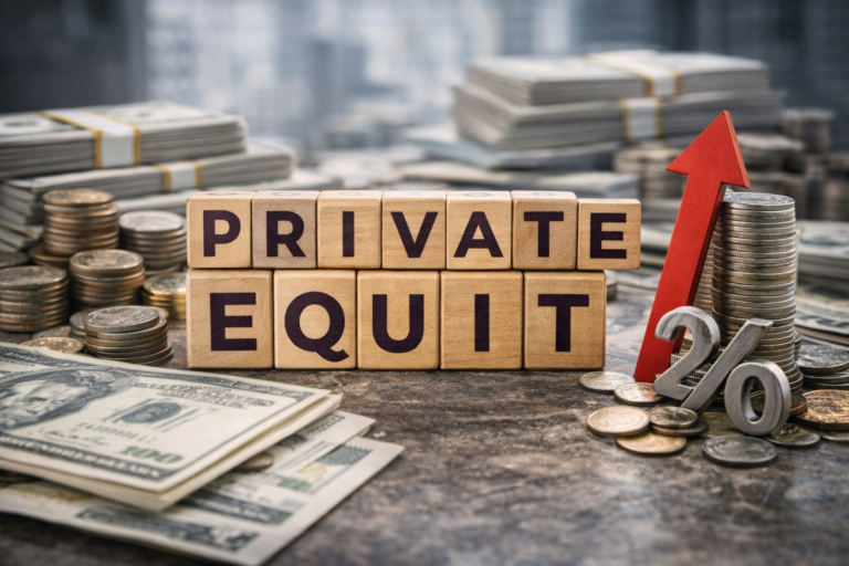 Blocs en bois disposés de manière instable sur une surface neutre, illustrant l’équilibre fragile des valorisations et du levier financier dans le private equity face à des taux durablement élevés.