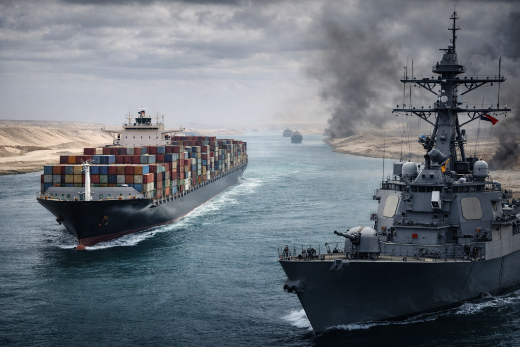 Navire porte-conteneurs escorté par un bâtiment militaire dans un corridor maritime sous tension, illustrant les risques géopolitiques pesant sur le commerce mondial.