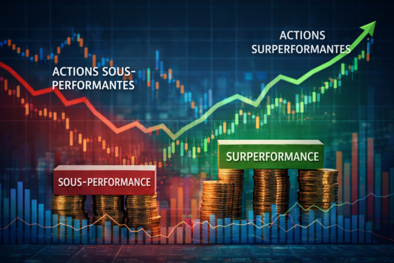 Illustration montrant la dispersion des performances boursières après les publications de résultats, avec des actions sous-performantes en rouge et des actions surperformantes en vert, reflétant l’écart croissant entre gagnants et perdants du marché actions.