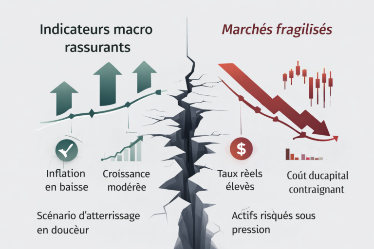 Infographie montrant le décalage entre des indicateurs macroéconomiques rassurants et des marchés financiers fragilisés par des taux réels élevés et un coût du capital contraignant.