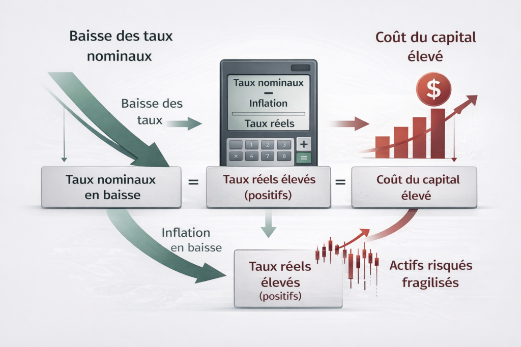 Infographie expliquant comment des taux nominaux en baisse, combinés à une inflation en repli, maintiennent des taux réels élevés et un coût du capital contraignant pour les actifs risqués.