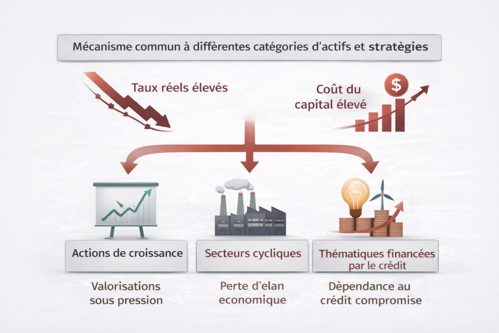 Infographie montrant comment des taux réels élevés et un coût du capital contraignant affectent simultanément les actions de croissance, les secteurs cycliques et les thématiques financées par le crédit.