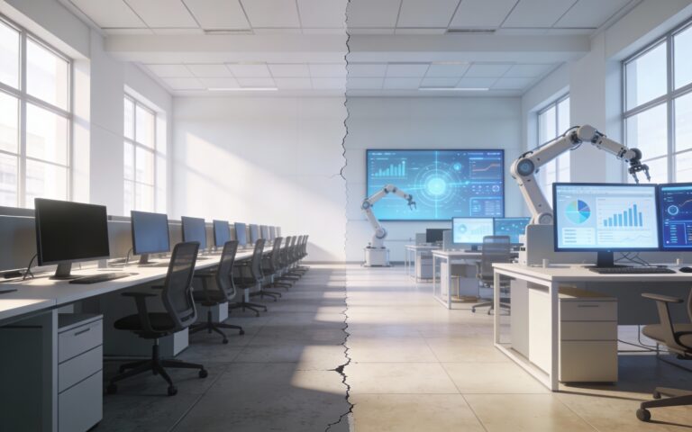 Open space lumineux partagé en deux zones, avec d’un côté des postes de travail classiques partiellement vides et de l’autre des bras robotisés et écrans allumés, symbolisant un choc de productivité qui transforme silencieusement l’organisation du travail et la croissance macroéconomique.