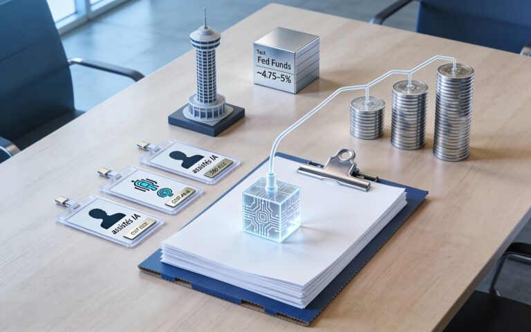 Contrat de licence IA sur un bureau, relié à des piles de jetons revenus récurrents et des badges salariés assistés IA