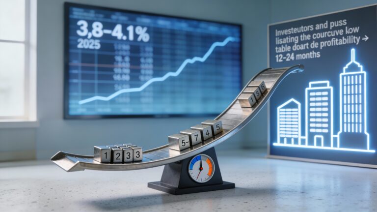 Rampe métallique en forme de courbe des taux avec blocs 5–7 ans au centre et cadran indiquant un crédit encore tendu.