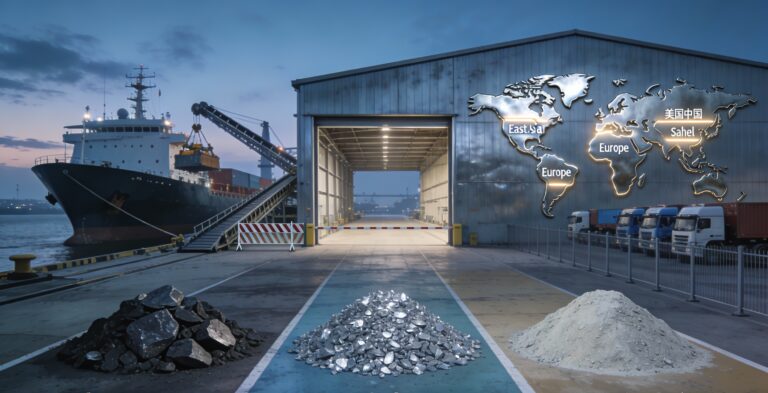 Port industriel avec entrepôt et trois tas distincts de minerais critiques, devant cargos et camions à l’arrêt sous une carte du monde stylisée.