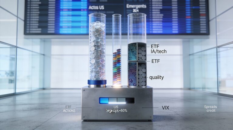 Trois tubes transparents remplis de jetons ETF actions US, émergents et IA/quality sur un socle métallique dans une salle de marché. (see the generated image above)