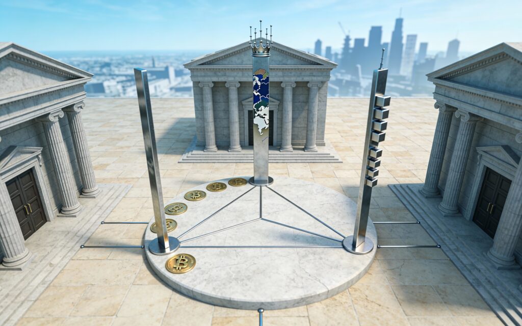 Place monumentale entourée de trois bâtiments de banques centrales reliés à des piliers symbolisant inflation, géopolitique et stabilité financière