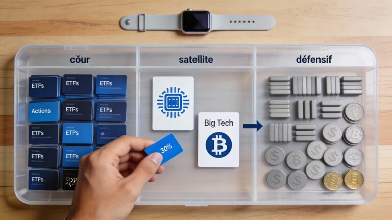 Main déplaçant une carte entre trois compartiments de portefeuille cœur, satellite et défensif sur un bureau.