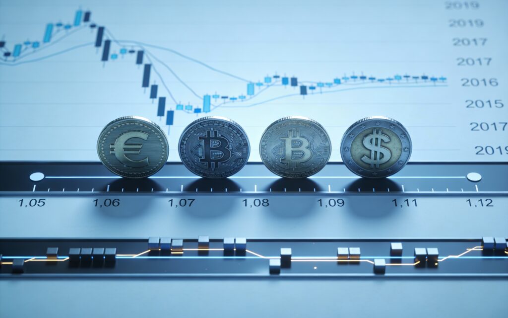 Deux grandes pièces stylisées euro et dollar posées sur une piste presque plate encadrée par un range étroit, sous laquelle une seconde bande plus fine montre des blocs serrés et espacés symbolisant les ordres et la micro-structure FX qui évoluent malgré un forex euro-dollar apparemment assoupi.