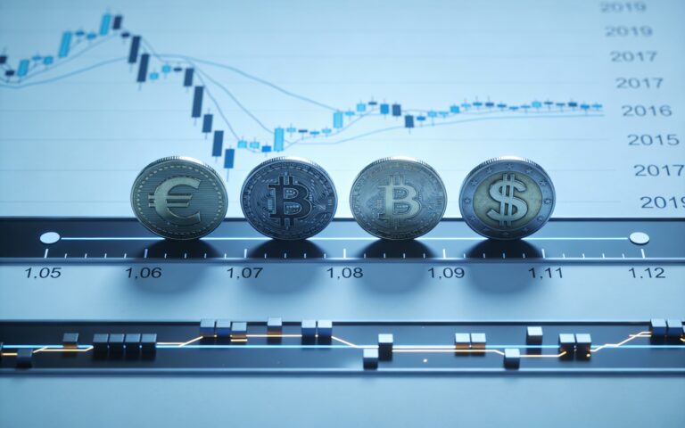 Deux grandes pièces stylisées euro et dollar posées sur une piste presque plate encadrée par un range étroit, sous laquelle une seconde bande plus fine montre des blocs serrés et espacés symbolisant les ordres et la micro-structure FX qui évoluent malgré un forex euro-dollar apparemment assoupi.