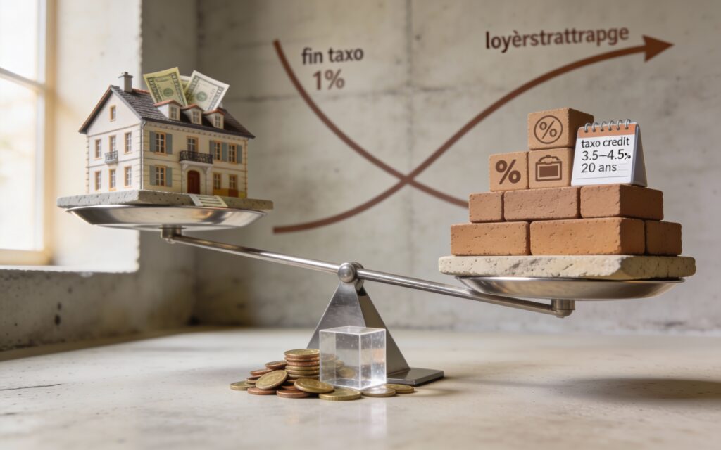 Balance métallique avec sur un plateau une maquette d’immeuble et quelques billets, et sur l’autre des blocs couleur terre symbolisant des taux de crédit élevés, tandis qu’un petit tas de pièces reste au pied de la balance, illustrant un investissement immobilier où le rendement net doit désormais être comparé finement au coût de la dette et à l’inflation.