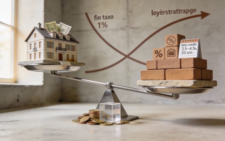 Balance métallique avec sur un plateau une maquette d’immeuble et quelques billets, et sur l’autre des blocs couleur terre symbolisant des taux de crédit élevés, tandis qu’un petit tas de pièces reste au pied de la balance, illustrant un investissement immobilier où le rendement net doit désormais être comparé finement au coût de la dette et à l’inflation.