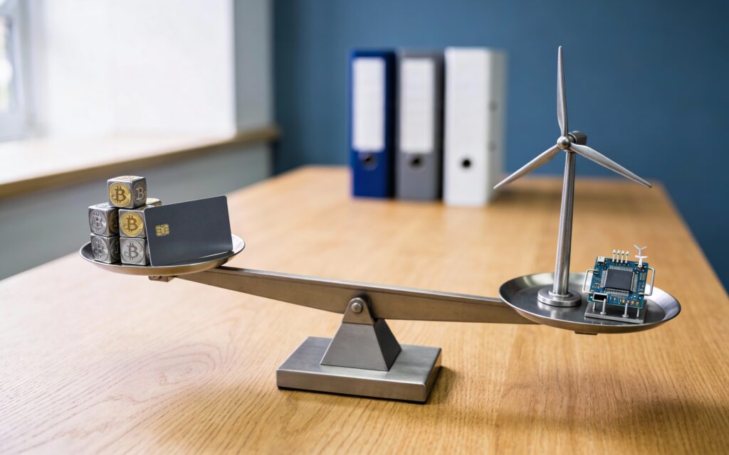 Balance de bureau pesant inflation et dette face à IA et transition énergétique sur une table de réunion