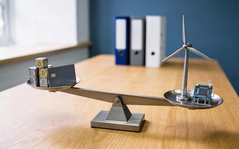 Balance de bureau pesant inflation et dette face à IA et transition énergétique sur une table de réunion