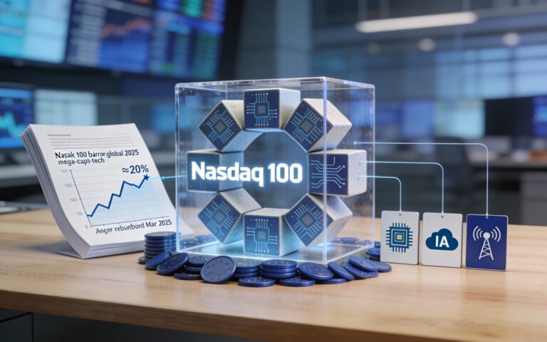 Cube transparent Nasdaq 100 posé sur un bureau, rempli de quelques cubes tech dominants entourés de jetons symbolisant les flux ETF.