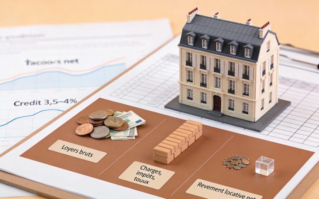 Maquette d’immeuble résidentiel posée sur une feuille de calcul avec, devant elle, un tas de pièces représentant les loyers bruts, une rangée de blocs couleur sable symbolisant charges et impôts qui absorbent le flux, puis un petit reste de pièces illustrant le rendement locatif net après coût du crédit.