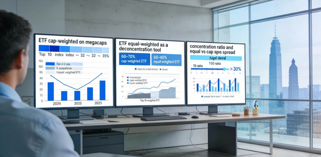 oste d’allocation montrant écrans comparant ETF cap-pondéré et égal-pondéré, écart de performance, concentration du top 10 et part dédiée aux ETF égal-pondérés dans un portefeuille actions