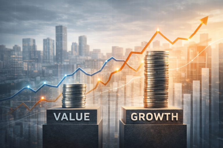 Comparaison visuelle entre actions value et growth illustrant l’impact des taux élevés sur les stratégies d’investissement en 2026