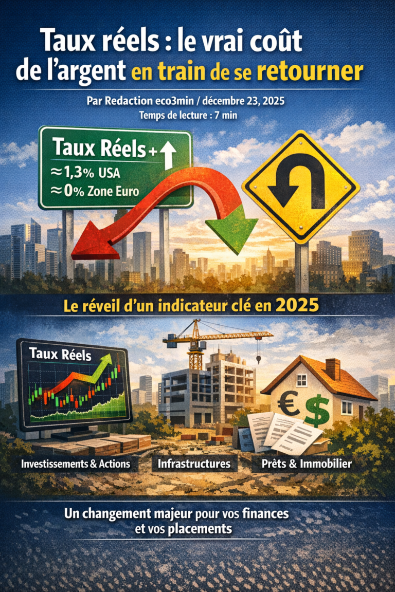 Illustration des taux réels en hausse en 2025, impact sur investissements, immobilier et coût du capital aux États-Unis et en zone euro