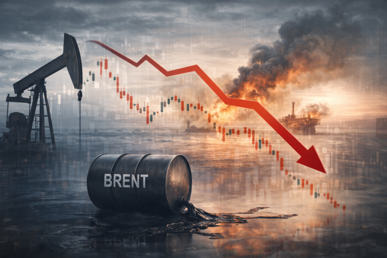 Baril de pétrole Brent devant un graphique de prix en repli, sur fond de tensions géopolitiques et d’incertitudes sur l’offre énergétique mondiale.