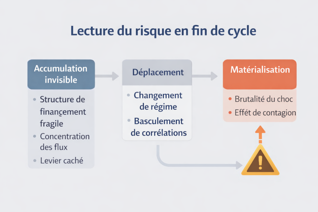 Infographie expliquant la dynamique du risque en fin de cycle : accumulation invisible, déplacement des fragilités et matérialisation brutale lors d'un changement de régime.