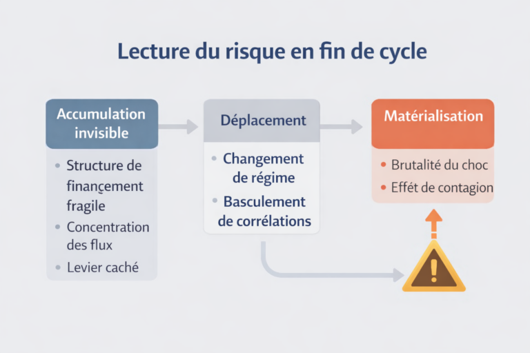 Infographie expliquant la dynamique du risque en fin de cycle : accumulation invisible, déplacement des fragilités et matérialisation brutale lors d’un changement de régime.