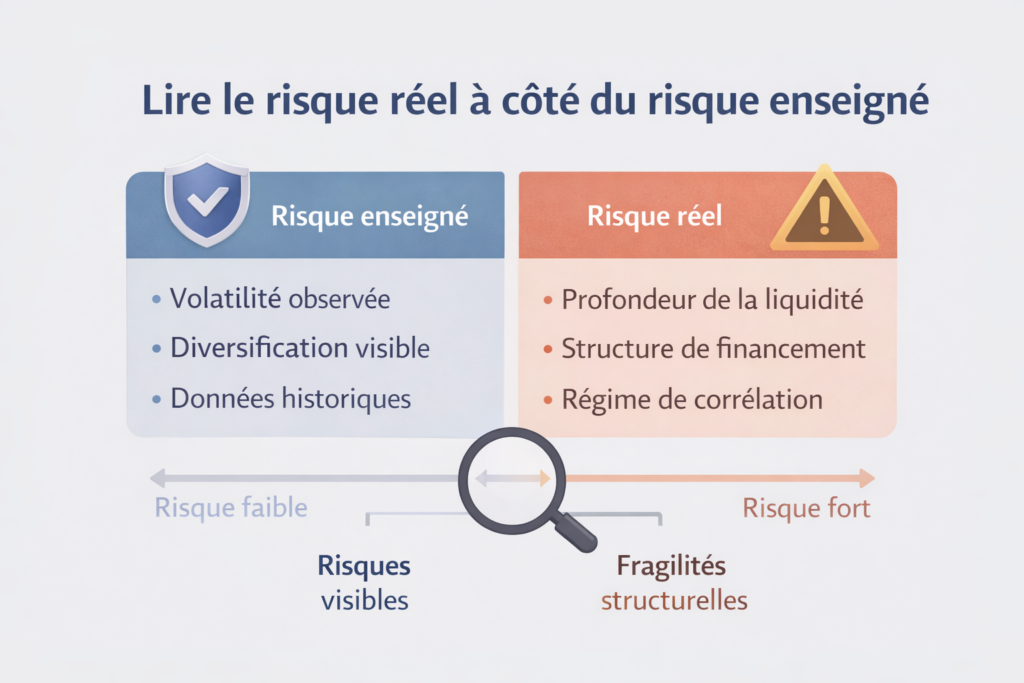 Infographie comparant le risque tel qu'il est enseigné par l'éducation financière — volatilité, diversification, horizon long — et le risque réel, structurel, lié aux régimes de marché et au financement.
