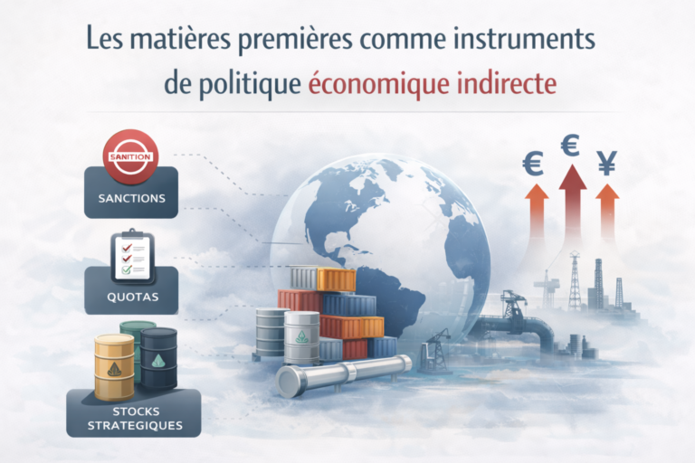 Infographie montrant l’utilisation des matières premières comme leviers indirects de politique économique via sanctions, quotas et stocks stratégiques