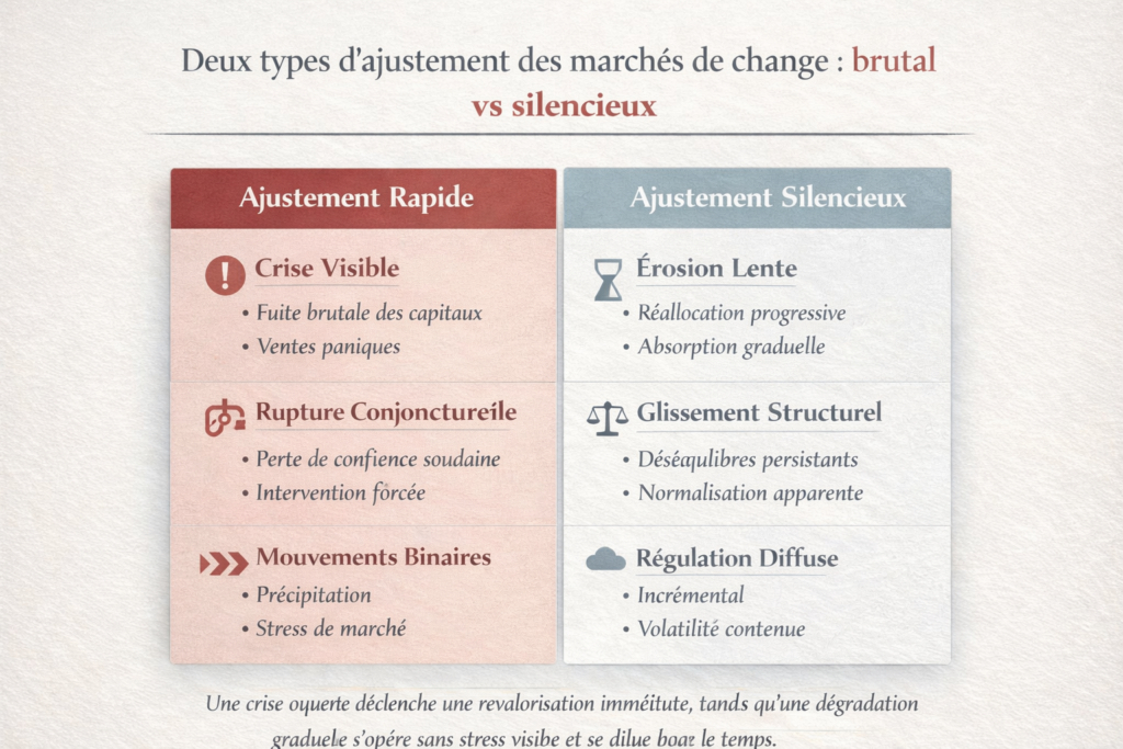 Comparaison entre un ajustement brutal et une érosion silencieuse des marchés de change, illustrant deux modes distincts de correction des déséquilibres monétaires.
