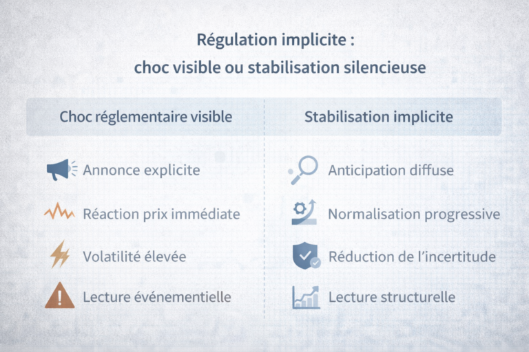 Comparaison entre un choc réglementaire visible et une stabilisation implicite des crypto-actifs, illustrant deux régimes distincts d’ajustement des marchés.