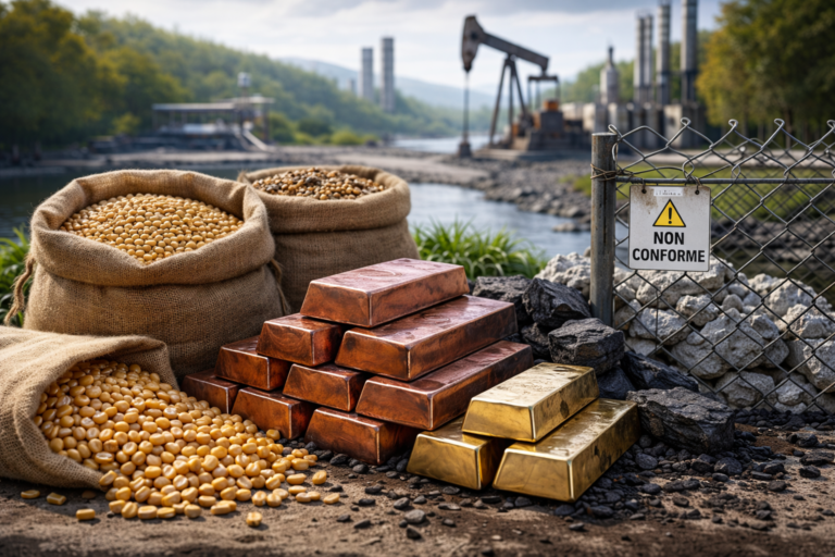 Matières premières physiques — grains agricoles, métaux et minerai non exploitable — illustrant les contraintes réelles qui influencent la formation des prix