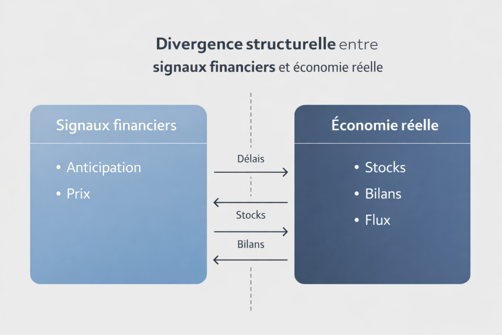 Zone logistique industrielle avec conteneurs, trains de fret et infrastructures énergétiques sous brouillard, illustrant l'inertie des stocks et des bilans face aux signaux financiers abstraits
