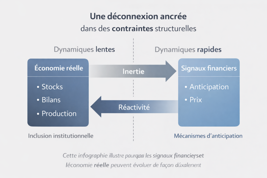 Schéma macroéconomique montrant comment les bilans, les stocks et les inerties structurelles expliquent une dissociation durable entre signaux financiers et économie réelle sans contradiction.