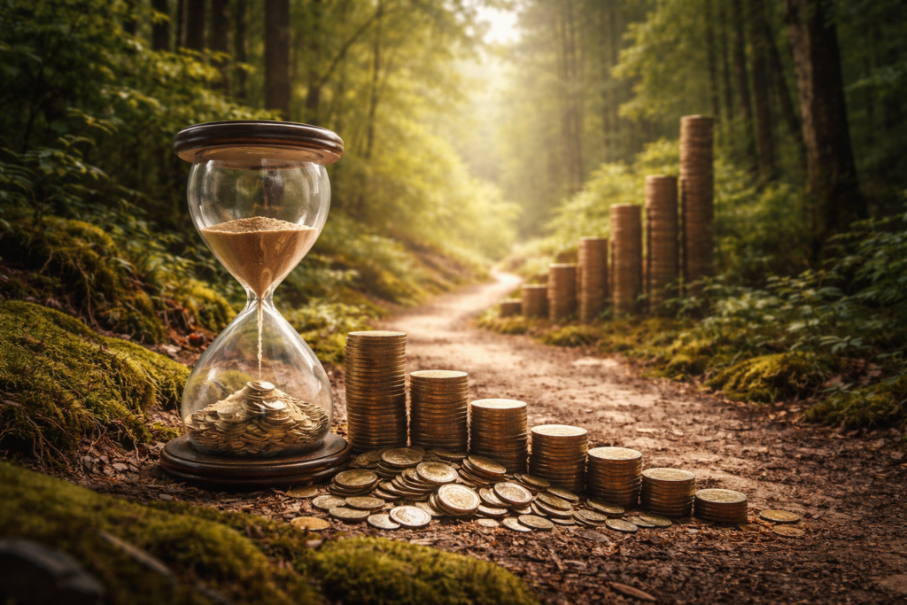 Illustration du biais cognitif face aux intérêts composés, où la croissance réelle se concentre tardivement malgré une perception linéaire du temps