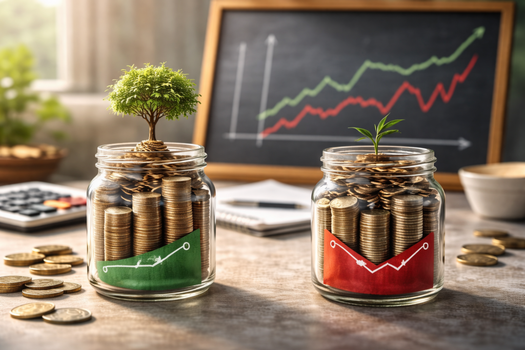 Illustration photoréaliste montrant deux trajectoires économiques divergentes issues d’un même point de départ, symbolisant l’écart entre rendement moyen et trajectoire réelle sous intérêts composés.