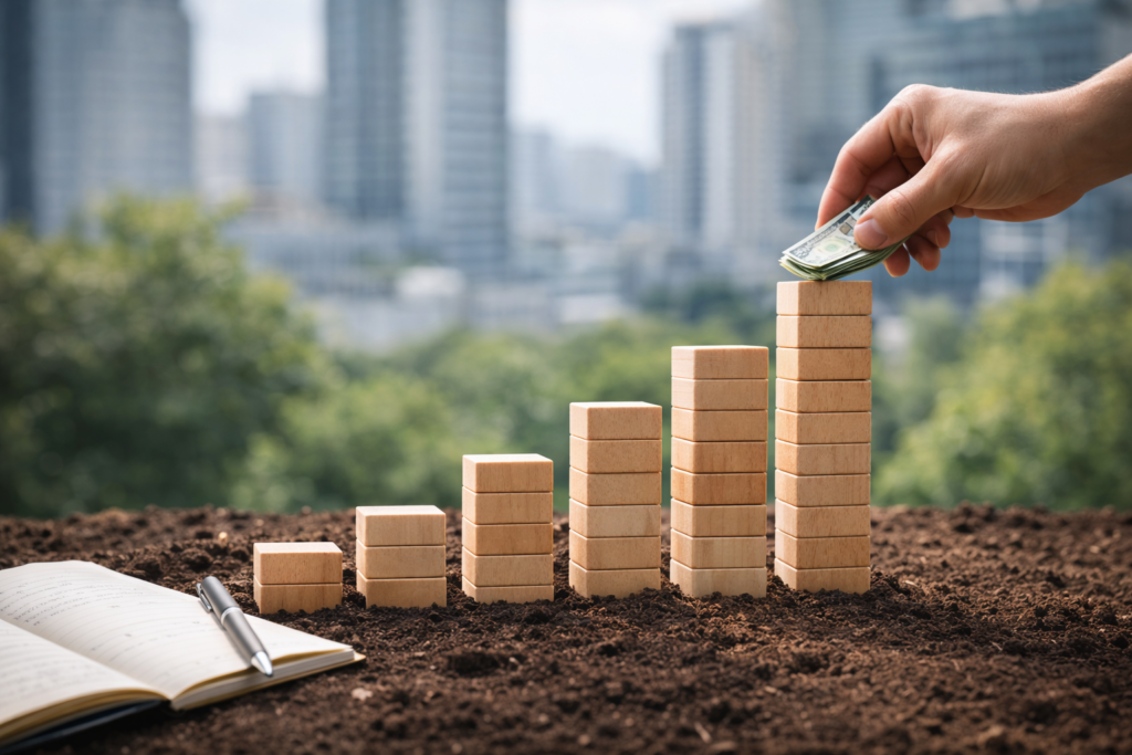 Mise en scène réaliste illustrant une accumulation progressive et régulière, symbolisant l’effet cumulatif de la discipline dans le temps.