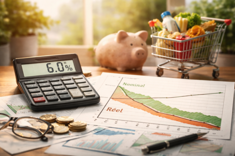 Illustration photoréaliste montrant l’écart entre accumulation nominale et pouvoir d’achat réel dans le temps, sous l’effet combiné de la discipline financière et de l’inflation.