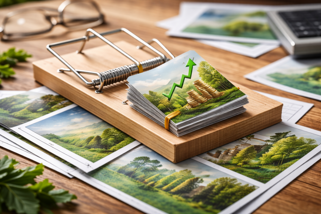 Piège mécanique posé sur des documents illustrant une croissance financière idéalisée, symbolisant les promesses trompeuses liées aux projections d’intérêts composés.