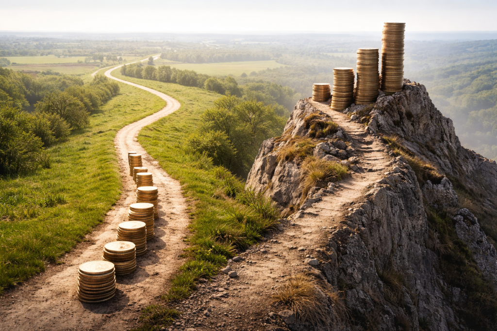 Deux chemins distincts illustrant une accumulation progressive et une accélération financière concentrée, montrant des trajectoires temporelles aux profils de risque différents.