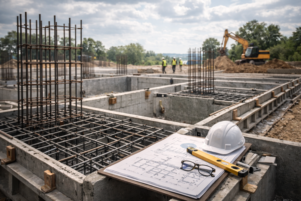 Construction foundations with technical plans and measuring tools, illustrating the preparation and structuring of decisions before any visible building begins