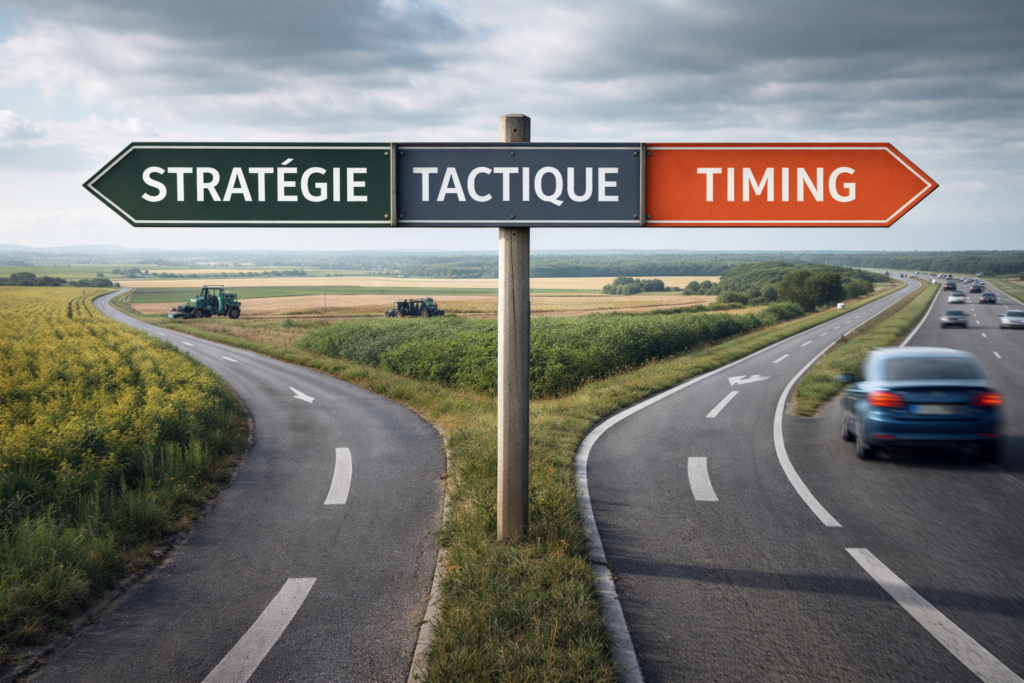 Trois repères physiques distincts alignés dans un même environnement, illustrant des horizons et niveaux de décision différents sans hiérarchie visuelle explicite