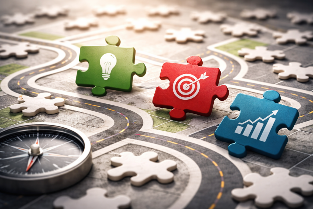 Pièces de puzzle représentant des idées d’investissement dispersées sur un parcours sinueux, illustrant l’absence de cadre stratégique cohérent dans le temps