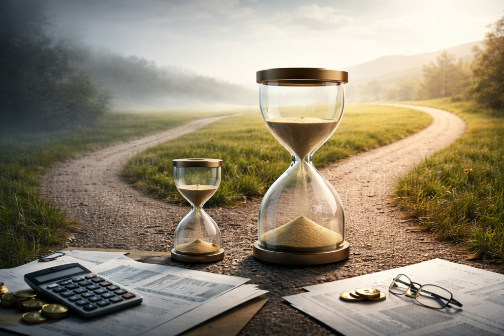 Deux horizons temporels matérialisés par des instruments de mesure du temps sur des trajectoires distinctes, illustrant comment l’horizon d’investissement modifie l’interprétation d’une décision financière