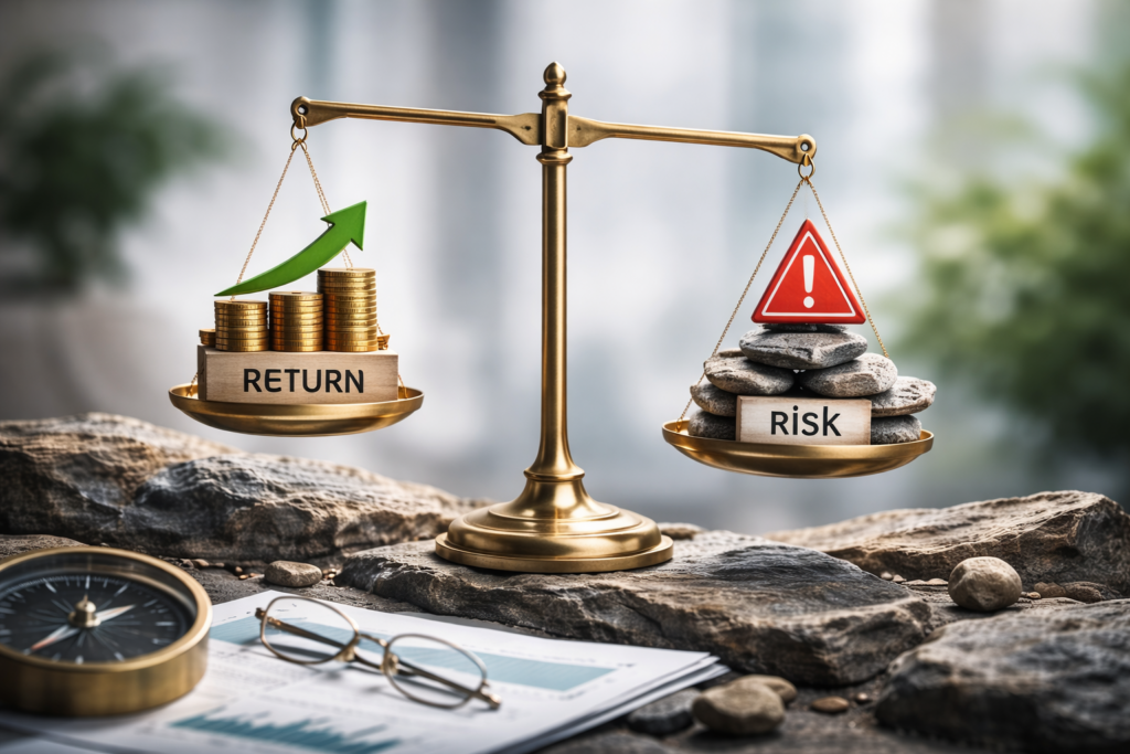 Équilibre physique symbolisant l’arbitrage entre rendement espéré et risque accepté dans une stratégie d’investissement, sans référence graphique ou urbaine