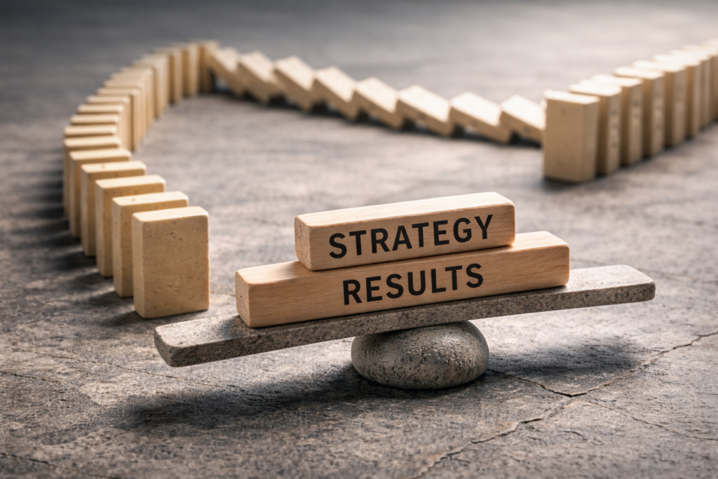 Équilibre physique illustrant la cohérence d’une stratégie d’investissement face à des résultats ponctuels, sans éléments graphiques ni urbains