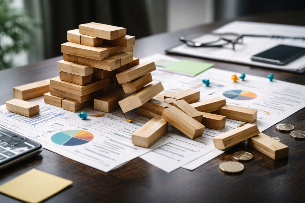 Accumulation désordonnée d’objets symbolisant les risques invisibles d’un investissement sans cadre stratégique