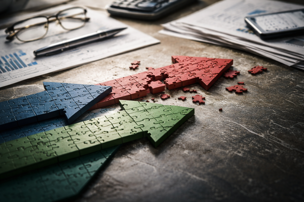 Objets physiques alignés de manière irrégulière illustrant la perte de cohérence causée par des changements fréquents de stratégie d’investissement