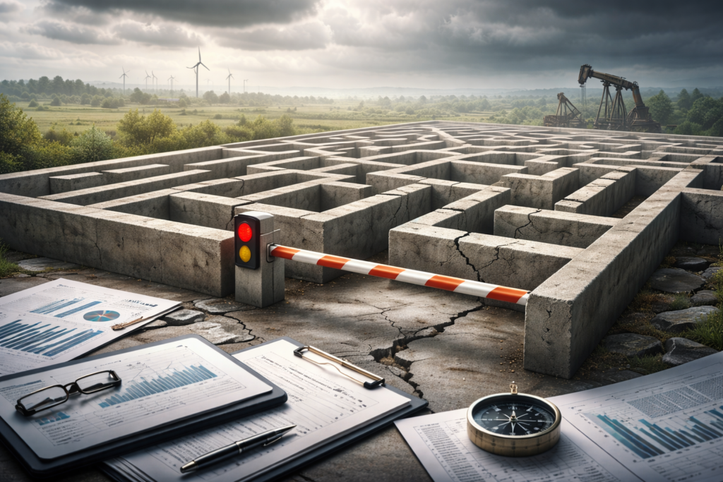 Labyrinthe en béton fissuré bloqué par une barrière, illustrant les limites structurelles d’une stratégie d’investissement face à l’évolution des régimes économiques